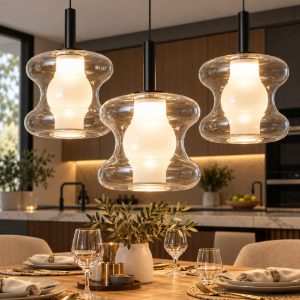 Fabas lampadario da cucina frua tre luci vetro grigio chiaro led 7w cct 2700k 3000k 4000k dimmerabile