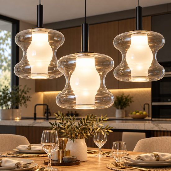 Fabas lampadario da cucina frua tre luci vetro grigio chiaro led 7w cct 2700k 3000k 4000k dimmerabile
