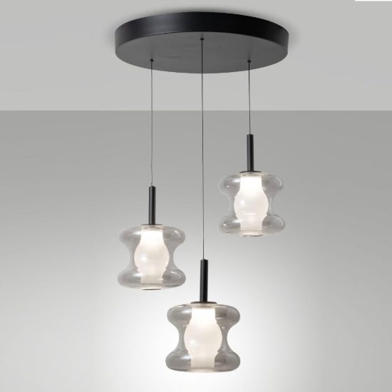Fabas lampadario da cucina frua tre luci vetro grigio chiaro led 7w cct 2700k 3000k 4000k dimmerabile