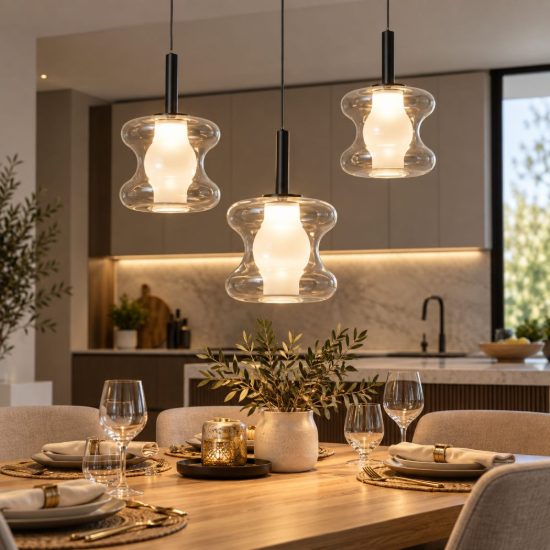 Fabas lampadario da cucina frua tre luci vetro grigio chiaro led 7w cct 2700k 3000k 4000k dimmerabile