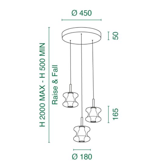Fabas lampadario da cucina frua tre luci vetro grigio chiaro led 7w cct 2700k 3000k 4000k dimmerabile