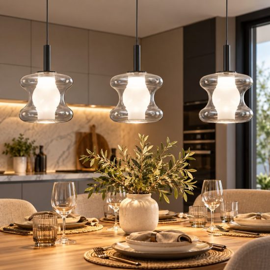 Fabas lampadario da cucina frua tre luci vetro chiaro led 7w cct 2700k 3000k 4000k dimmerabile