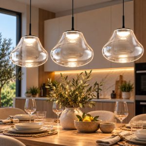 Fabas lampadario per cucina diva tre luci vetro trasparente led 42w cct 2700k 4000k dimmerabile