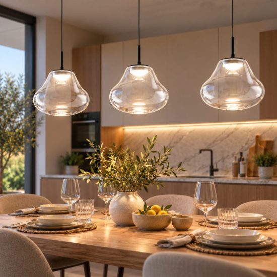 Fabas lampadario per cucina diva tre luci vetro trasparente led 42w cct 2700k 4000k dimmerabile