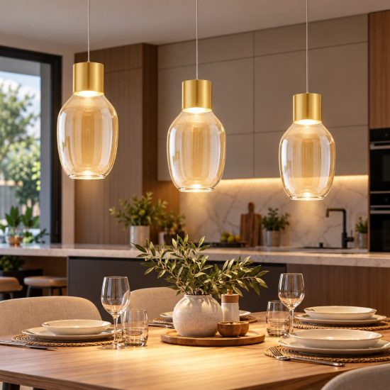 Fabas lampadario per cucina lapo tre luci vetro cognac led 36w 3000k dimmerabile