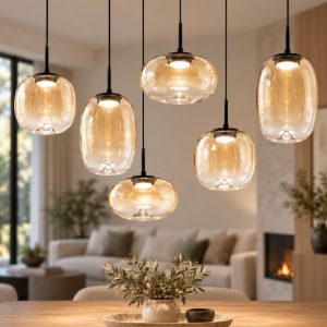 Lampadario moderno sei luci vetro cognac led 42w 2700k 3000k 4000k dimmerabile fabas brio