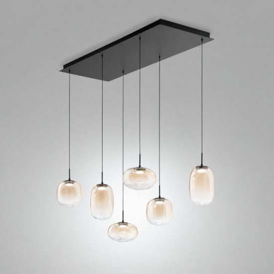 Lampadario moderno sei luci vetro cognac led 42w 2700k 3000k 4000k dimmerabile fabas brio