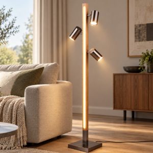 Piantana da terra led 20w 3000k orientabile legno nichel