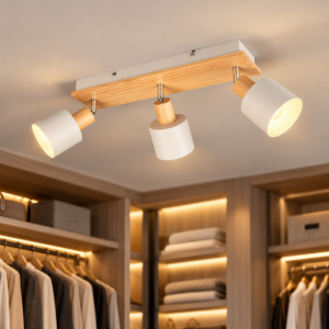 Plafoniera con 3 spot da soffitto grigio legno orientabili