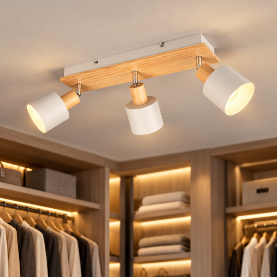 Plafoniera con 3 spot da soffitto grigio legno orientabili