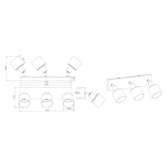 Plafoniera con 3 spot da soffitto grigio legno orientabili