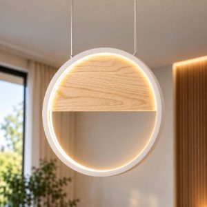 Fabas pierre lampadario moderno bianco dettagli legno led 29w 3000k dimmerabile