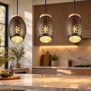 Lampadario per isola cucina nero e legno 3 luci