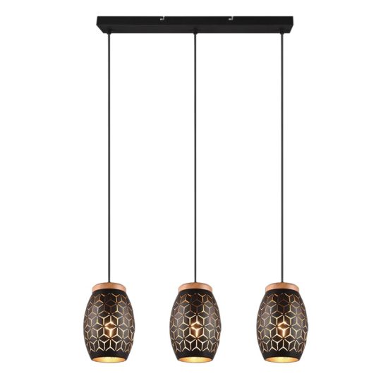 Lampadario per isola cucina nero e legno 3 luci