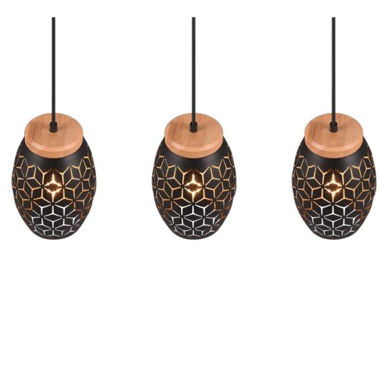 Lampadario per isola cucina nero e legno 3 luci