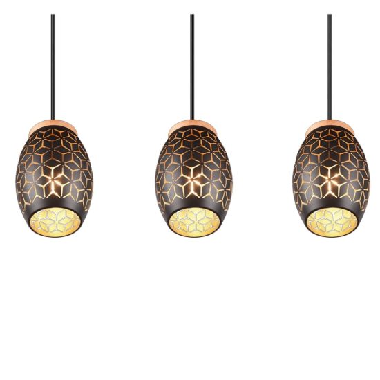 Lampadario per isola cucina nero e legno 3 luci