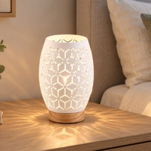 Abat-jour da comodino metallo bianco decorato e legno