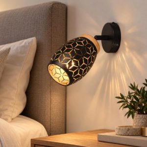 Applique per comodino camera da letto metallo decorato nero e legno