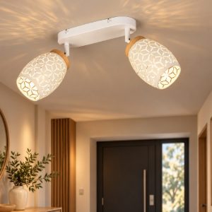 Plafoniera da soffitto bianco satinato legno due luci orientabili