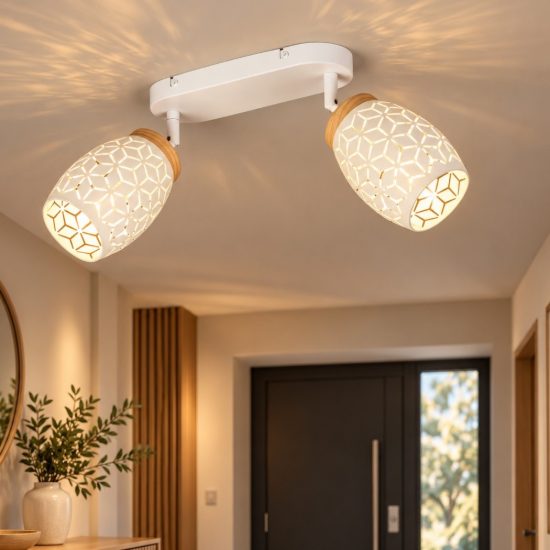 Plafoniera da soffitto bianco satinato legno due luci orientabili