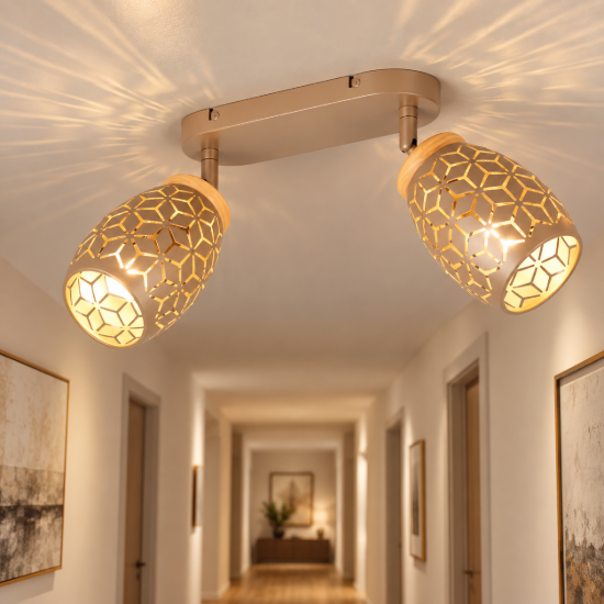 Plafoniera con 2 faretti spot da soffitto caffè  legno