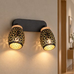 Applique da parete nero legno 2 luci