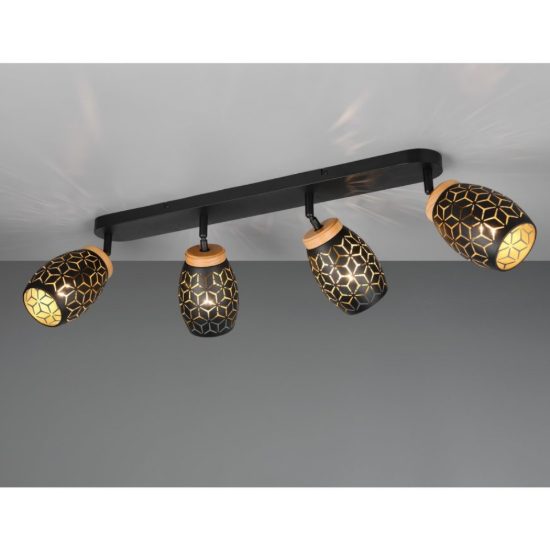 Plafoniera per soggiorno nero legno 4 luci orientabili