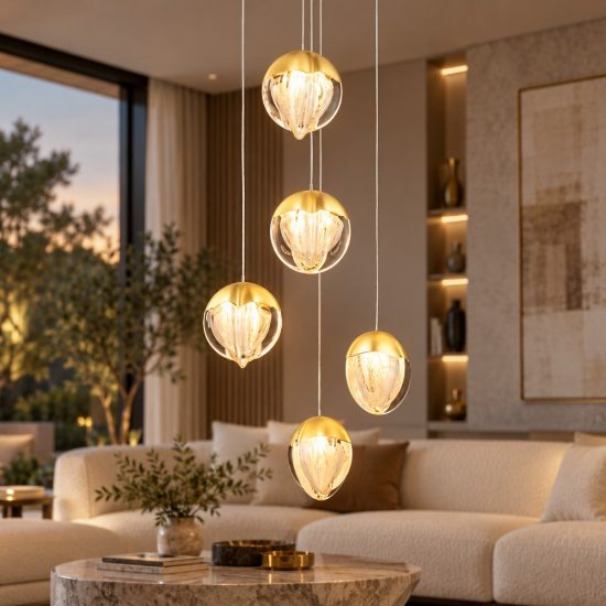 Lampadario per soggiorno moderno a sospensione oro vetro led 25w 3000k dimmerabile