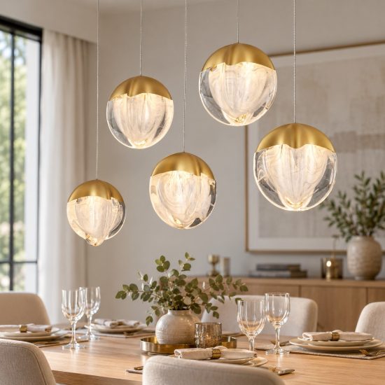 Lampadario per cucina moderno a sospensione vetro oro led 25w 3000k dimmerabile
