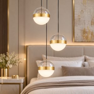 Lampadario a sospensione per camera da letto moderno sfera oro ottone led 27w 3000k dimmerabile