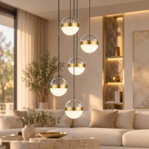 Lampadario led 45w 3000k dimmerabile per soggiorno moderno a sospensione oro ottone