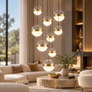 Lampadario led 81w 3000k dimmerabile per salone moderno a sospensione sfera oro ottone