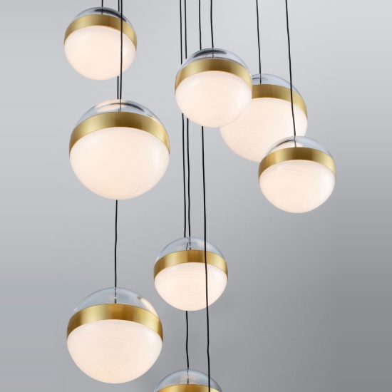 Lampadario led 81w 3000k dimmerabile per salone moderno a sospensione sfera oro ottone
