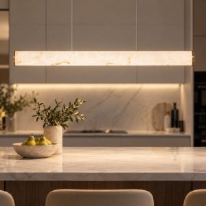 Lampadario effetto alabastro per isola cucina a sospensione lineare oro led 35w 3000k