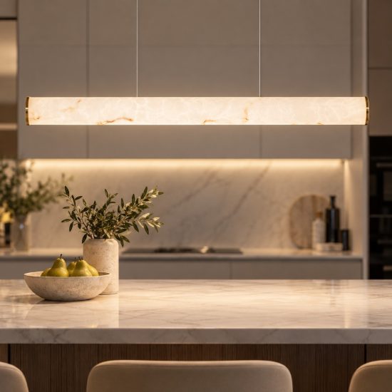 Lampadario effetto alabastro per isola cucina a sospensione lineare oro led 35w 3000k