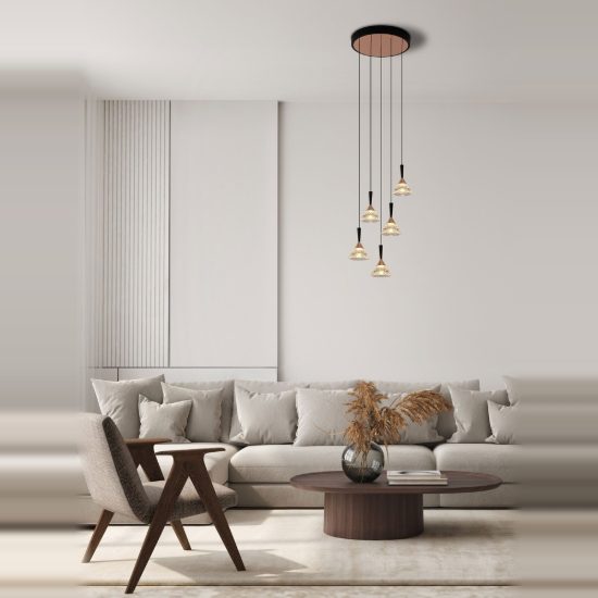 Lampadario per camera da letto moderno a sospensione oro rosa nero vetro led 30w 3000k dimmerabile