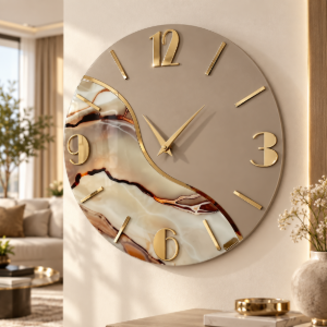 Orologio rotondo da parete moderno effetto marmo beige dettagli oro 70cm fp