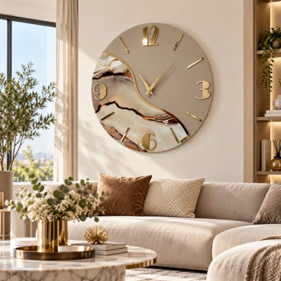 Orologio rotondo da parete moderno effetto marmo beige dettagli oro 70cm fp