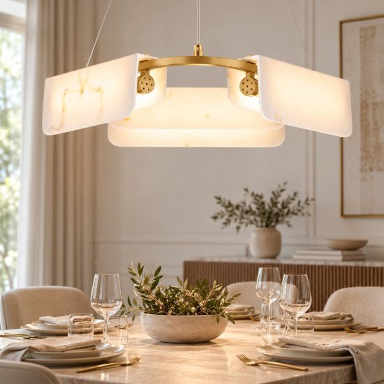 Lampadario effetto alabasto a sospensione led 34w 3000k oro ottone per salone