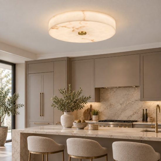 Plafoniera per cucina  disco oro ottone led 28w 3000k effetto alabastro