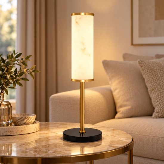 Lampada da tavolo elegante led 12w 3000k effetto alabastro oro ottone