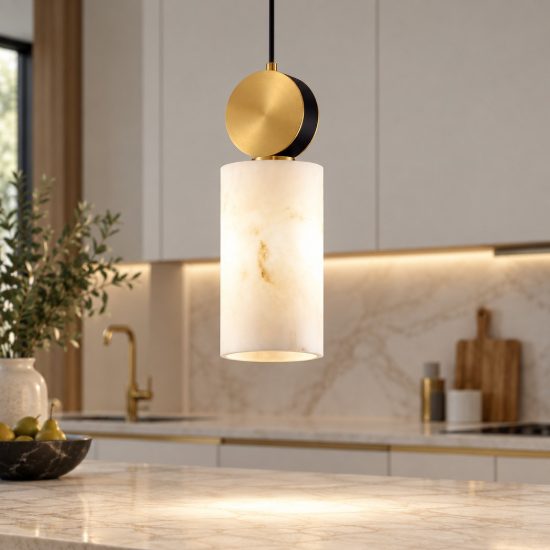 Lampada cilindro effetto alabastro a sospensione oro ottone vetro