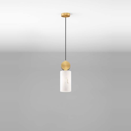 Lampada cilindro effetto alabastro a sospensione oro ottone vetro
