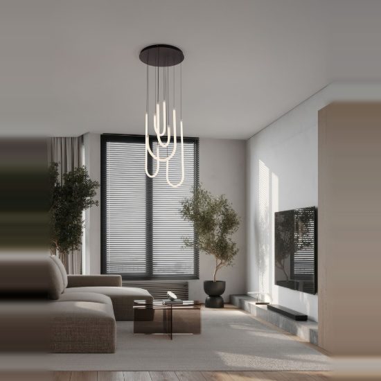 Lampadario nero led 55w 3000k dimmerabile moderno a sospensione vetro per soggiorno