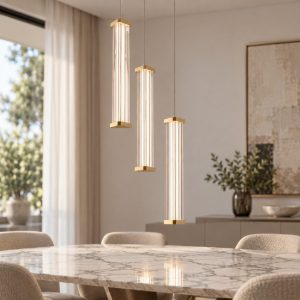 Lampadario moderno a sospensione cilindrica trasparente oro led 13w 3000k per sala da pranzo