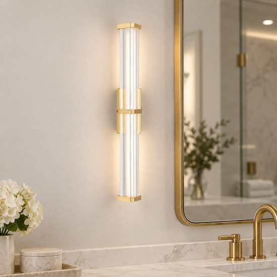 Applique led 7w 3000k elegante per specchio da bagno trasparente e oro