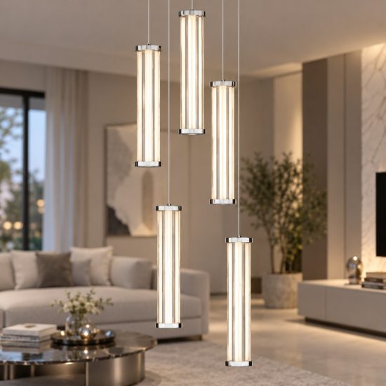 Lampadario a pendenti led 21w 3000k per soggiorno moderno cilindri trasparenti nichel