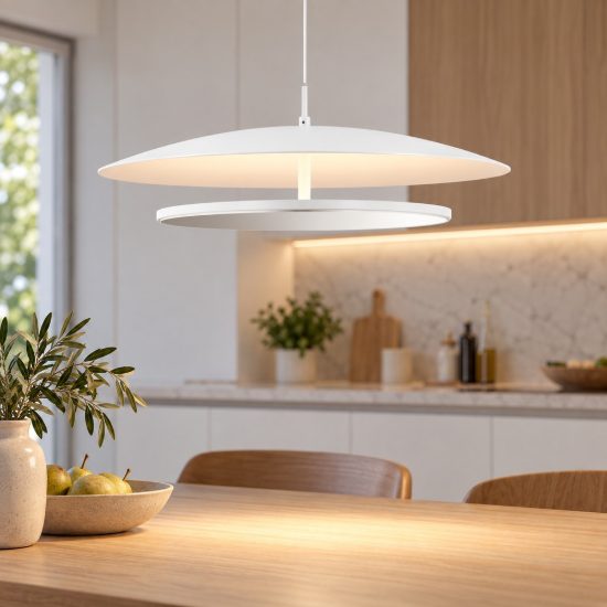 Lampadario saliscendi per cucina moderno disco bianco led 37w 3000k