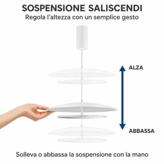 Lampadario saliscendi per cucina moderno disco bianco led 37w 3000k