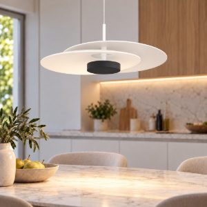 Lampadario saliscendi led 16w 3000k per cucina design moderno disco bianco